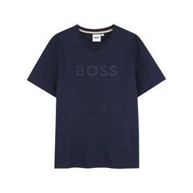 Boss Kids navy cotton T-shirt with tonal BOSS logo print across chest, crew neck and short sleeves