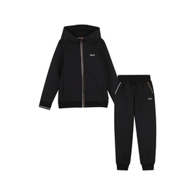 Boss Kids black tracksuit set with zip-up hoodie and joggers, featuring contrast piping detail and small logo branding