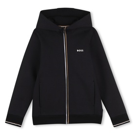 Boss Kids black zip-through hoodie with gold-tipped zip, tipping detail on cuffs and hem, and small logo print on chest