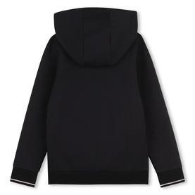 Boss Kids black zip-up hoodie, back view, with white-tipped ribbed cuffs and hem, part of tracksuit set