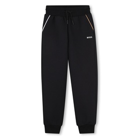 Boss Kids black tracksuit joggers with gold-toned side piping detail, elasticated waist and cuffed ankles