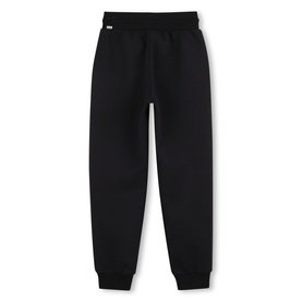 Boss Kids black children's tracksuit jogger bottoms with elasticated waist and ribbed cuffs, small logo tab detail