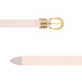 Dehanche Hollyhock Leather Belt in ivory with gold-tone rounded buckle, silver-tone hardware detail, and pointed tip on white background.