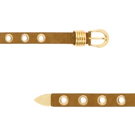 Dehanche ochre leather belt with gold-tone eyelet detailing and ridged gold buckle, shown flat in two sections
