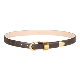 Dehanche deep brown leather belt with gold oval buckle and coiled gold detail, slim profile with punched holes