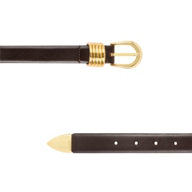 Dehanche deep brown leather belt with gold-tone buckle and wrapped gold hardware detail, shown flat with tip visible.