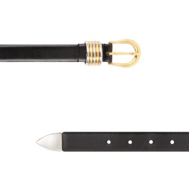Dehanche Hollyhock Leather Belt in black with gold-tone rounded buckle, ribbed detailing, and silver-tone pointed tip. Smooth finish.