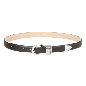 Dehanche black leather belt with silver round buckle and decorative coil detail, pointed tip accent