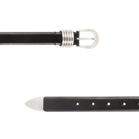 Dehanche black leather belt with silver-tone buckle and ribbed detailing, shown laid flat displaying buckle end and tip