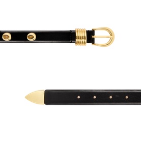 Dehanche Hollyhock Leather Belt in black with gold-tone rounded buckle, gemstone detailing, and pointed tip. Smooth leather finish.