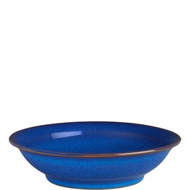 Denby Large Shallow Bowl in blue reactive glaze stoneware, wide rim with dark brown edge detail, handcrafted finish