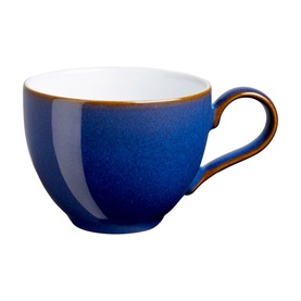 Denby Cup in blue stoneware with gold-toned rim and handle, white interior, rounded silhouette