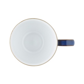 Denby Blue Cup viewed from above, showing white interior with gold rim and side handle, handcrafted stoneware