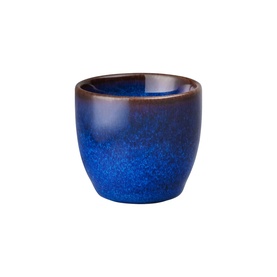 Denby Soju Cup in blue reactive glaze stoneware with dark brown rim, small rounded form