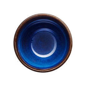 Denby Soju Cup in blue reactive glaze stoneware, viewed from above showing deep cobalt interior with dark speckled rim