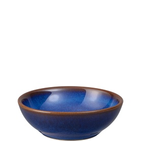 Denby Extra Small Round Dish in blue reactive glaze stoneware with warm brown rim detail, small shallow bowl form