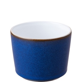 Denby Brew Open Sugar Bowl in blue stoneware with white interior and earthy brown rim detail, handcrafted finish