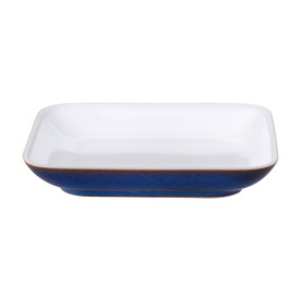 Denby Medium Square Plate in blue, white interior glaze, deep-sided rectangular form, stoneware construction