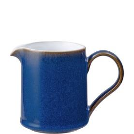 Denby Brew Small Jug in blue reactive glaze stoneware with brown rim detail and loop handle, white interior