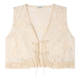 Sandro cream lace cropped waistcoat with floral embroidery, tie-front detail, and pleated hem trim