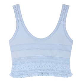 Sandro sky blue sleeveless crop top with crochet lace hem detail and ribbed panels, scoop neckline