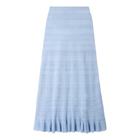 Sandro sky blue knitted midi skirt with horizontal stripe texture, lace detailing and ruffle hem