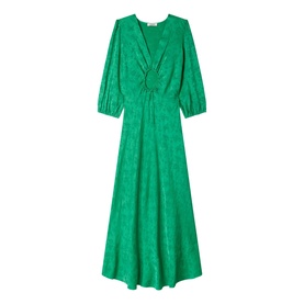 Sandro Womens French Dress in green, V-neck with twist detail, three-quarter puff sleeves, floral jacquard maxi length