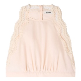 Sandro light pink sleeveless top with cream lace trim detail at neckline and sides, elasticated hem, zip back fastening