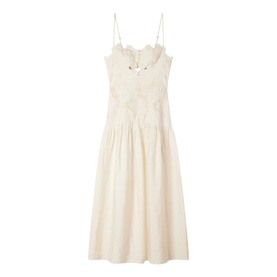 Sandro Womens French Dress in clear, sleeveless midi length with lace bodice detail and spaghetti straps on flared skirt