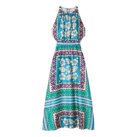 Sandro Womens French Dress in green and purple floral scarf-print, sleeveless halterneck maxi style with elasticated waist
