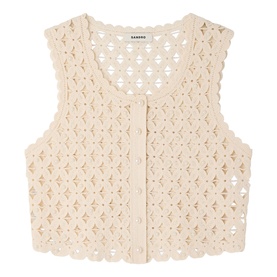 Sandro cream crochet cropped waistcoat with scalloped hem, floral cutwork pattern and front button fastening