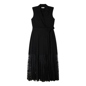 Sandro Womens French Dress in black, sleeveless wrap style with pleated skirt, lace hem panel and tie waist