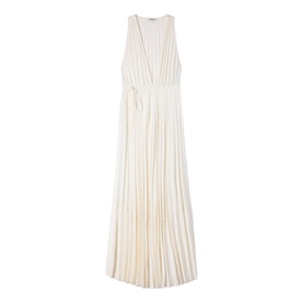 Sandro Womens French Dress in clear, sleeveless maxi length with V-neckline, wrap detail, and pleated skirt