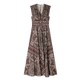 Sandro Womens French Dress in taupe and white paisley print, sleeveless V-neck midi dress with tiered skirt and lace trim detail.