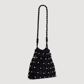 Sandro black bucket bag with pearl embellishments, braided top handle and shoulder strap, ruched fabric exterior