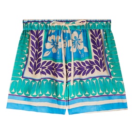 Sandro green and purple floral scarf-print drawstring shorts with turquoise and cream geometric border detail