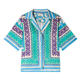 Sandro green and purple floral botanical print short-sleeve shirt with notched collar and button front