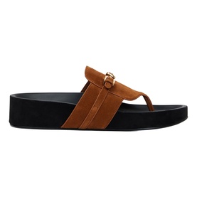 Sandro brown suede thong sandal with gold buckle detail and black flatform sole