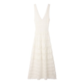 Sandro Womens French Dress in clear white, sleeveless V-neck midi with tiered lace and knit detail, full A-line skirt