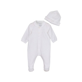 Emile Et Rose white baby all-in-one sleepsuit with matching hat, featuring footed design and subtle textured detail at chest.