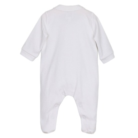 Emile Et Rose white baby all-in-one, rear view showing long sleeves, footed legs and back neckline detail