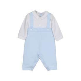 Emile Et Rose pale blue baby dungaree set with white collared long-sleeve bodysuit, button-front bib detail, two-piece appearance