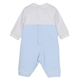 Emile Et Rose baby all-in-one in pale blue and white, with peter pan collar and long sleeves, rear button fastening, shown from back.