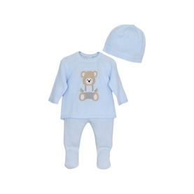 Emile Et Rose pale blue baby set with bear appliqu&eacute; sweatshirt, footed trousers, and matching beanie hat