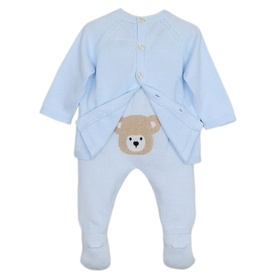 Emile Et Rose pale blue baby all-in-one with footed legs and tan bear appliqu&eacute; pocket, shown flat from the back