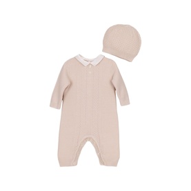 Emile Et Rose stone knit baby all-in-one with white collar and matching beanie hat, set of 2 pieces