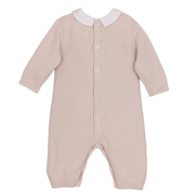 Emile Et Rose stone knit baby all-in-one with white Peter Pan collar and front button fastening, long sleeves and feet
