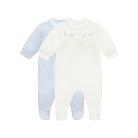 Emile Et Rose 2-piece baby all-in-one set in pale blue and white with embroidered neckline detail and footed bottoms