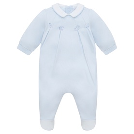 Emile Et Rose pale blue knit all-in-one with white Peter Pan collar, floral embroidery detail, and integrated feet