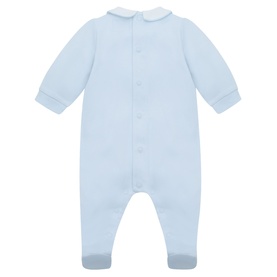 Emile Et Rose pale blue and white babygrow back view, featuring collared neckline, long sleeves, and poppered fastening, with feet.